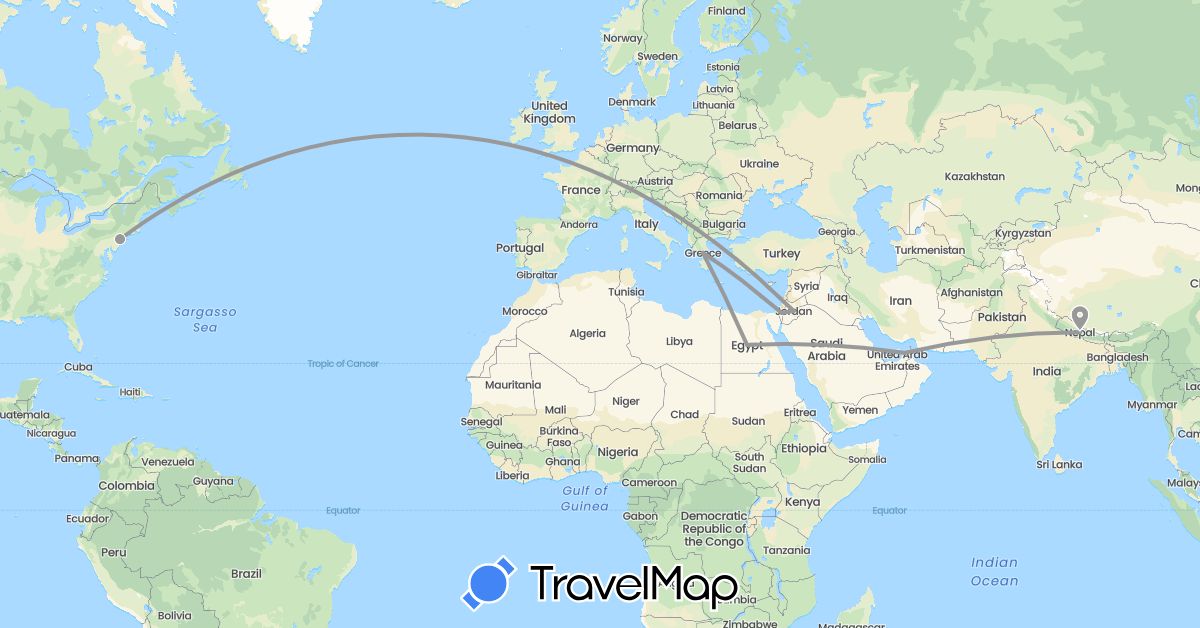 TravelMap itinerary: driving, plane in United Arab Emirates, Egypt, Greece, Israel, Jordan, Nepal, United States (Africa, Asia, Europe, North America)